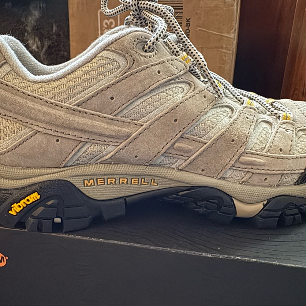 Merrell Light Gray Trail Shoes with Yellow Accents
